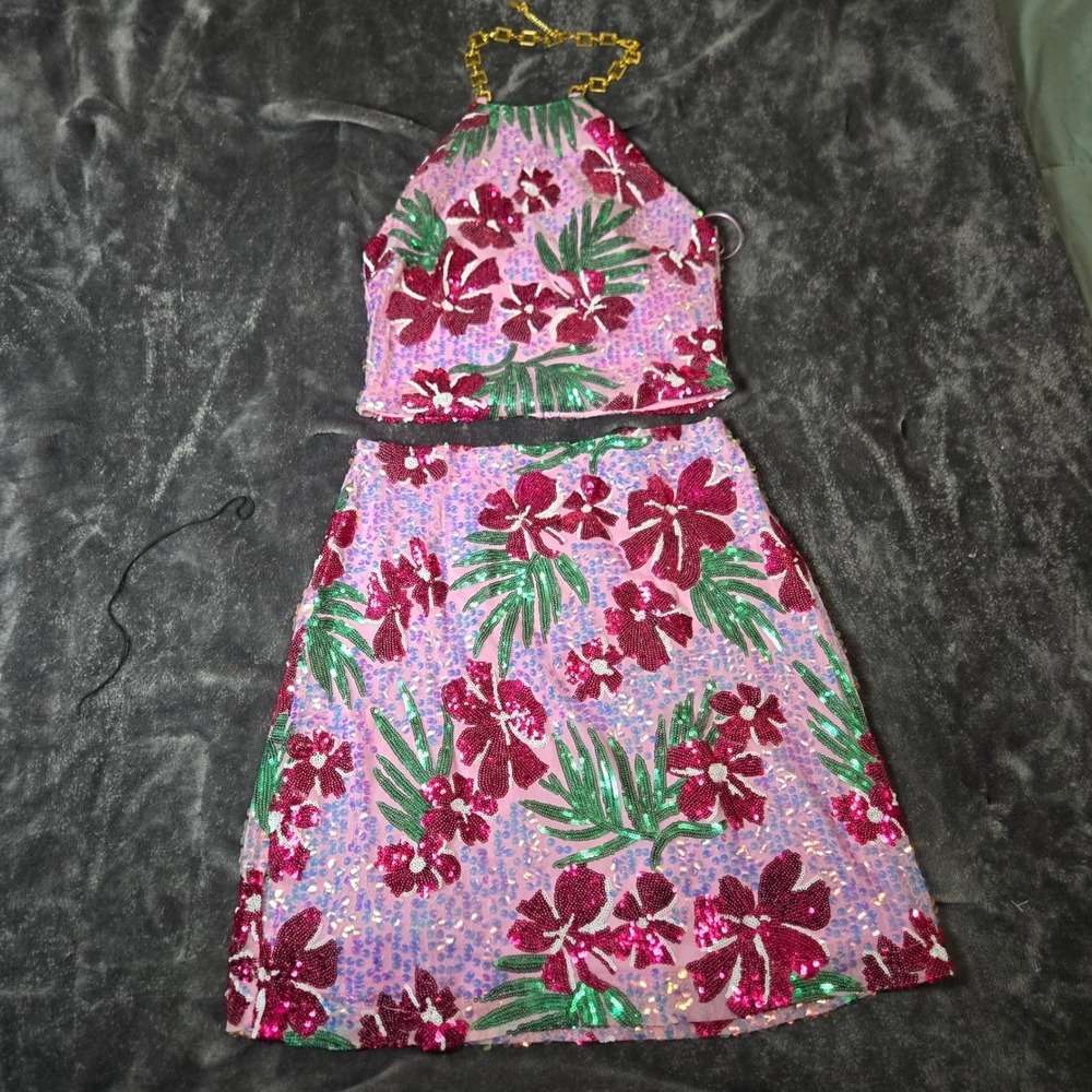 Rachel Zoe Pink Floral Sequin 2 Piece Set Halter Chain Crop Top Mini Skirt Small